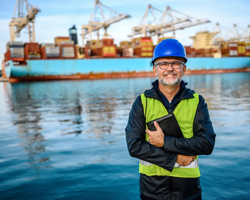 Dock worker with cargo ship background